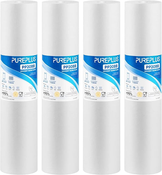 PUREPLUS 1 Micron 20" x 4.5" Whole House Sediment Home Water Filter Replacement Cartridge, Compatible with DGD-5005-20, AP810-2, P5-20BB, FP25B, FPMB5-20, 155358-43, SDC-45-2005, 4 Pack
