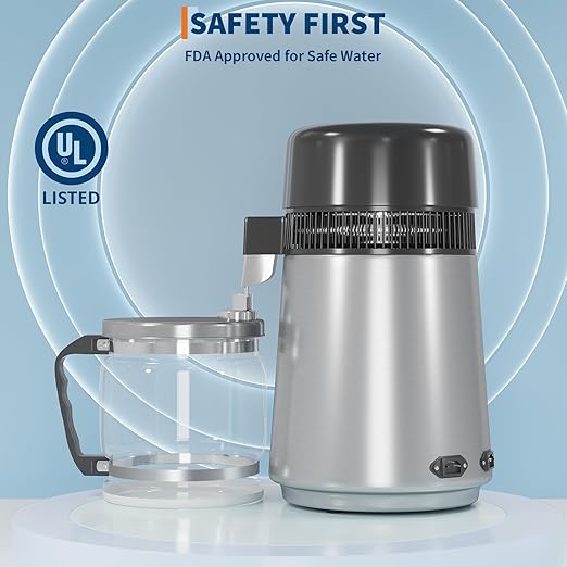 GarveeHome Water Distillers for Home Countertop, 1Gal/4L Stainless Steel Distilled Water Machine with Glass Container, 750W Desktop Drinking Purifier Filter Distilling Kit, Silver