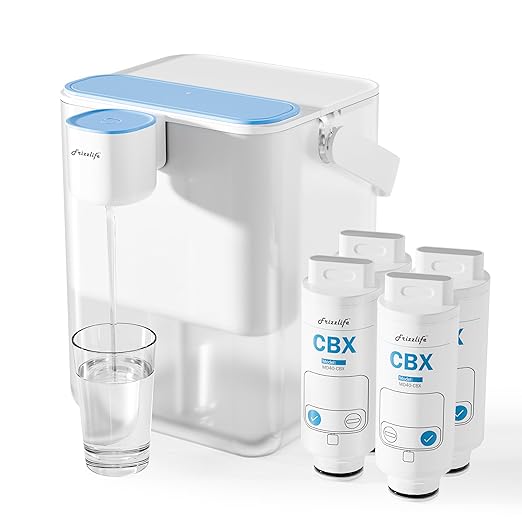Frizzlife MD40 Rechargeable Water Filter Dispenser with 2 Filters Pre-Installed, Certified Reduce 99.9% of Chlorine, 400-Gallon/6 Months Water Pitcher, Extra 2 Filter Replacements
