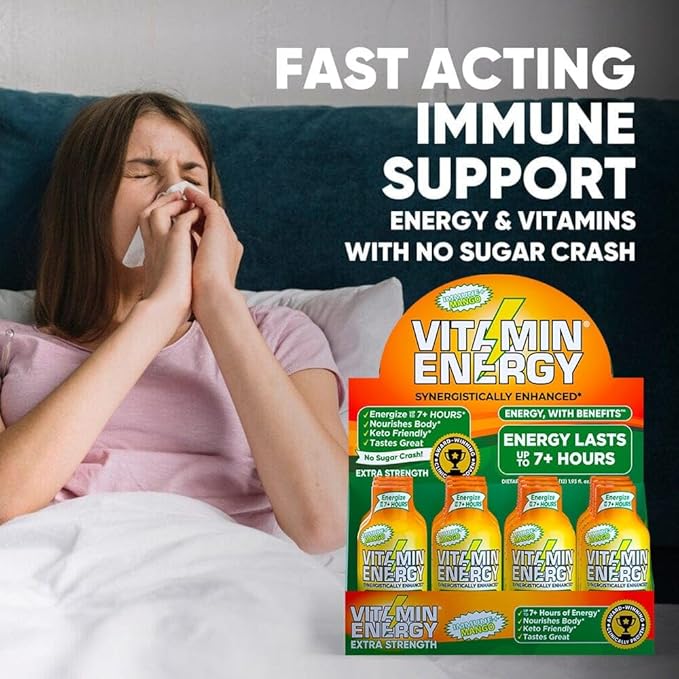 Vitamin Energy Immune+ Extra Strength Energy Shot Mango 12 Pack, 260mg Natural Caffeine, B-Vitamins, Citicoline, Green Tea, Immunity & Focus Support, Zero Sugar, Gluten-Free 1.93 fl oz