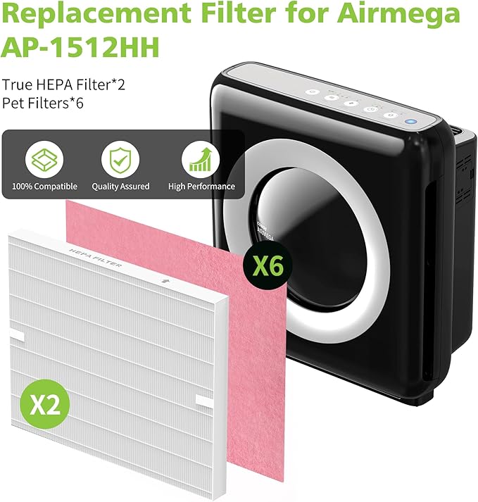 AP-1512HH & 200M Pet Filter Set for Coway Airmega AP-1512HH and Airmega 200M Air Purifi-er, 6 Pet Deodorization Filters and 2 True HEPA Filter, 8 Pack, Compared to Part #3304899