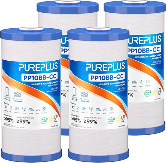 PUREPLUS 5 Micron 10" x 4.5" Whole House FXHTC Sediment and Carbon Water Filter Replacement Cartridge for GXWH40L, GXWH35F, GNWH38S, RFC-BBSA, WRC25HD, PP10BB-CC, RFC-BB, WFHD13001, 4Pack