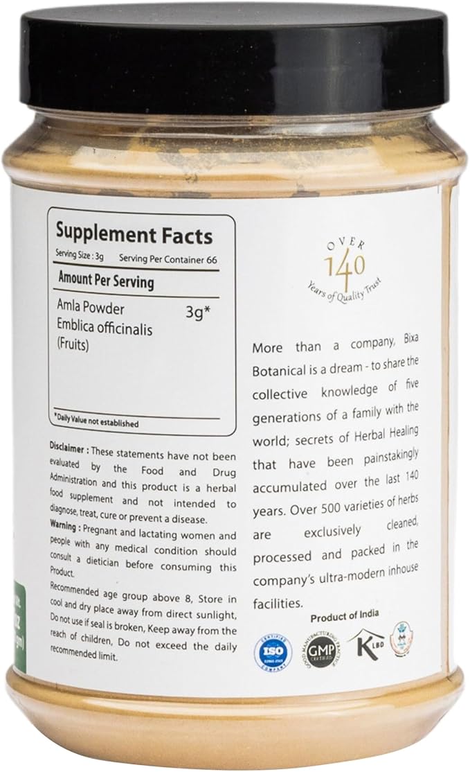 bixa BOTANICAL | Amalaki Amla Berries Powder | Indian Gooseberry | Rich in Natural Vitamin C | Non GMO | Gluten Free | No Preservatives | Skin Glow and Hair Strength Support | 7 oz 200 g