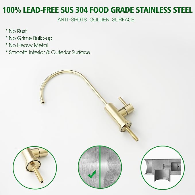 Gold Drinking Water Filter Faucet Kitchen Bar 304 Food Grade Solid Stainless Steel Tap, Non Air Gap Beverage Cold Water Purifier Filtration Tap for Reverse Osmosis Systems.
