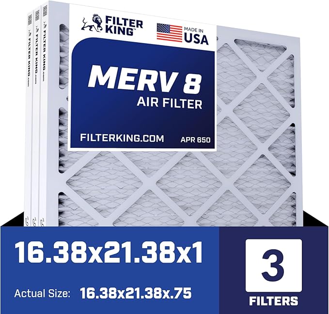 Filter King 16.38x21.38x1 Air Filter | 3-PACK | MERV 8 HVAC Pleated A/C Furnace Filters | MADE IN USA | Actual Size: 16.38 x 21.38 x .75"