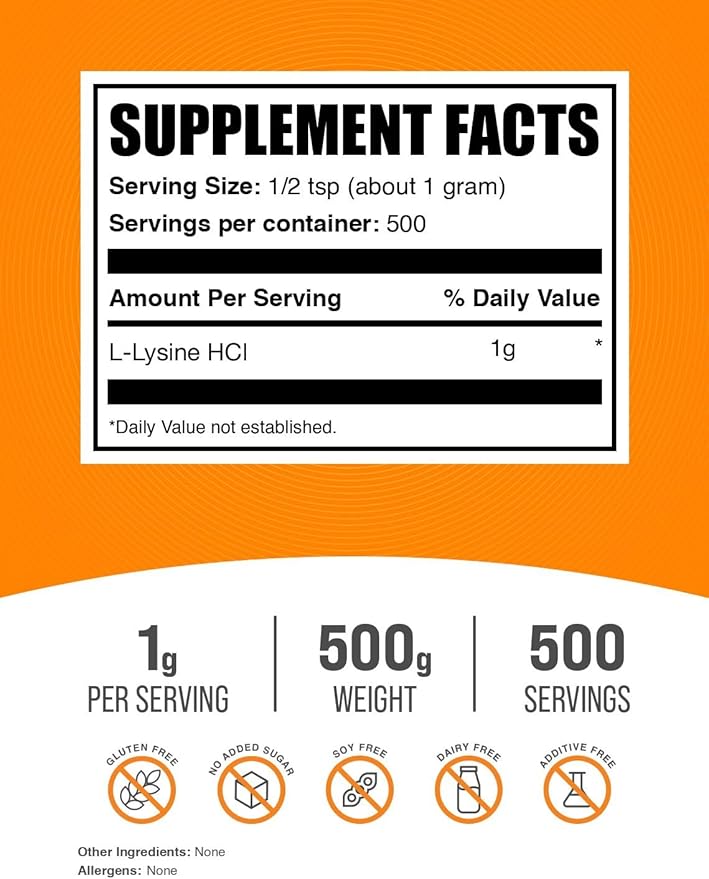 BulkSupplements.com L-Lysine Powder - Lysine Supplement, Essential Amino Acid, for Immune Support - Gluten Free, 1g per Serving, 500g (1.1 lbs) (Pack of 1)