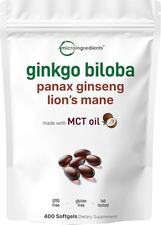 Micro Ingredients ﻿﻿Ginkgo Biloba & Ginseng 5,600mg Equivalent, 400 Softgels | 6 Month Supply | Triple Strength Ginko Biloba & Lions Mane Memory Supplement for Brain, Mood & Cognitive Health