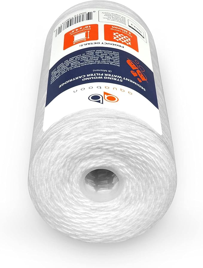 Aquaboon 5 Micron Water Filter 10 x 4.5 inch - String Wound Water Filter for Whole House System - Compatible with 84637, WPX5BB97P, PC10, 355214-45, 355215-45, WP10BB97P, WP5BB97P (4 Pack)