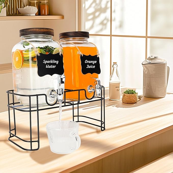1 Gallon Glass Drink Dispensers with Wood Lid, 2 Pack Clear Beverage Dispenser with Stand and Spigot for Parties, Lemonade Dispenser with Markers and Chalkboard for BBQ, Picnic