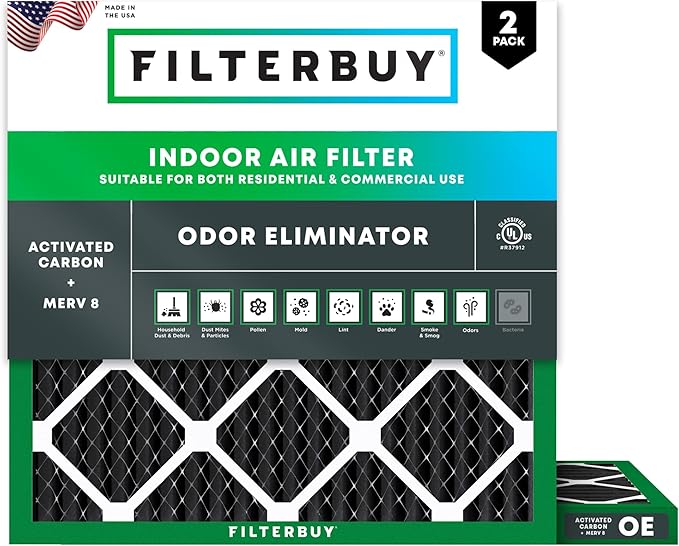 Filterbuy 25x25x1 Air Filter MERV 8 (MPR 700) Odor Eliminator Replacement (2-Pack), Electrostatic Pleated HVAC AC Furnace Filters w/Activated Carbon, Made in USA (Actual Size: 24.50 x 24.50 x 0.75)