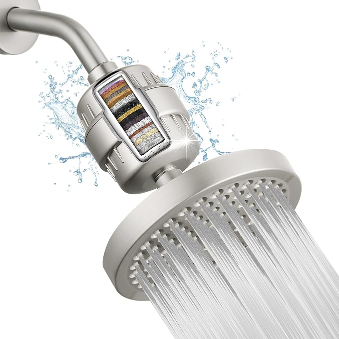 High Pressure Filtered Shower Head Set, 6’’ Rain Shower Filter for Hard Water, Universal Round Showerhead 20 Stage Filtration Removes Impurities for Rejuvenated Skin by Eolax, Brushed Nickel