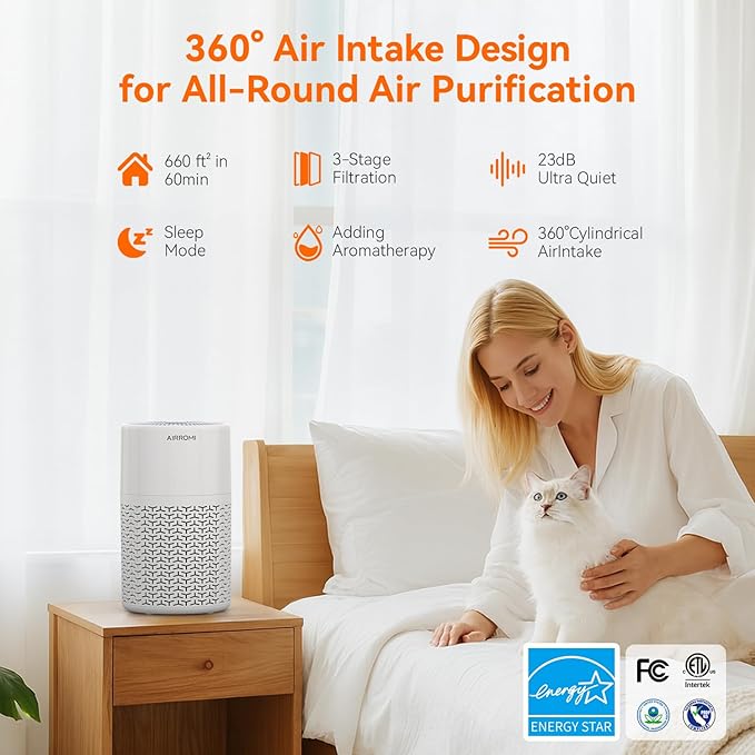 AIRROMI Pets Air Purifier for Home Allergies,Up to 660 ft².Yellow Deodorizing Activated Carbon Filter,With Fragrance Sponge for Better Sleep,Night Light,Pet Dander,Smoke,Odors,Air Cleaner A2002 White