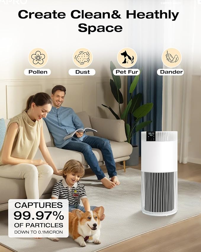 Air Purifier for Home Bedroom up to 1300 ft², HEPA Air purifier with PM 2.5 Display for Home Pets with Washable Pre-Filter, White