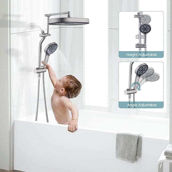 14" x 8" Rectangle High Pressure Rainfall Shower Head with Handheld Combo, 6 Setting Handheld Shower Head, Adjustable Height Shower Extension Arm and Slide Bar for Easy Reach - Brushed Nickel