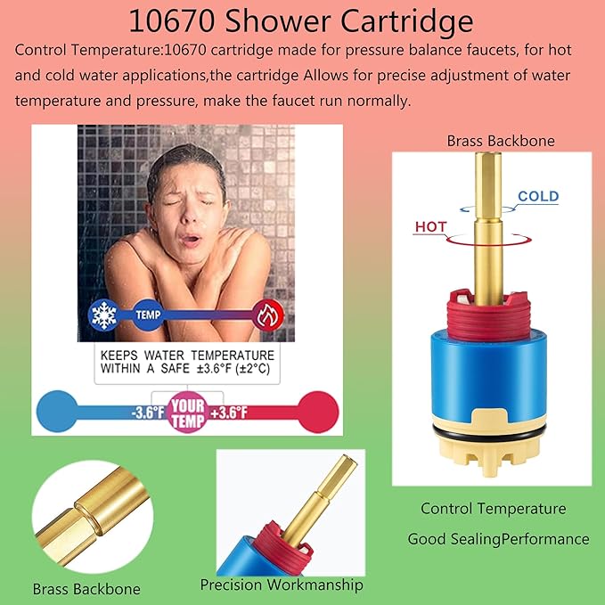 Hain yo 10670 Shower Cartridge,Compatible with Aqua source/Glacier Bay Single Handle Shower Faucet For Shower/Tub Faucet Cartridges Replacement,Pressure Balance Valve Core 40mm Copper Material