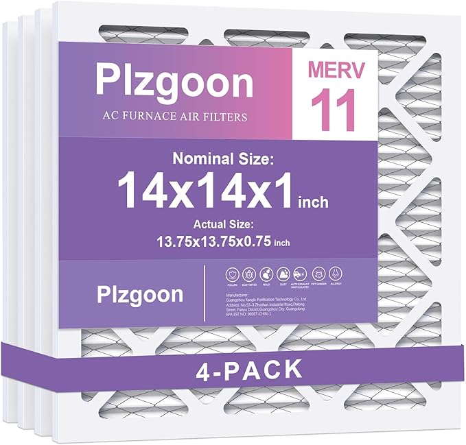 14x14x1 Air Filter MERV 11 (4 Pack) MPR 1000 Pleated AC Furnace Filters for Home Office Air Conditioner AC HVAC Furnace Heating Systems (Exact Dimensions: 13 3/4x13 3/4x3/4 Inches)