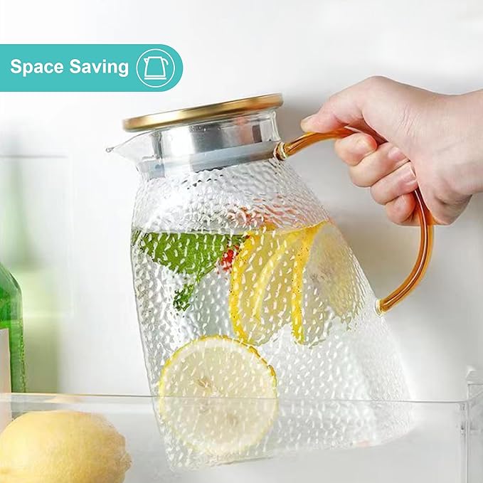 Glass Water Pitcher with Lid, High Borosilicate Heat Cold Resistant Carafe, 1.8L/63oz Capacity, Leakproof Fridge Door Carafe, Ice Tea Jug, Lemonade Pitcher For Fridge