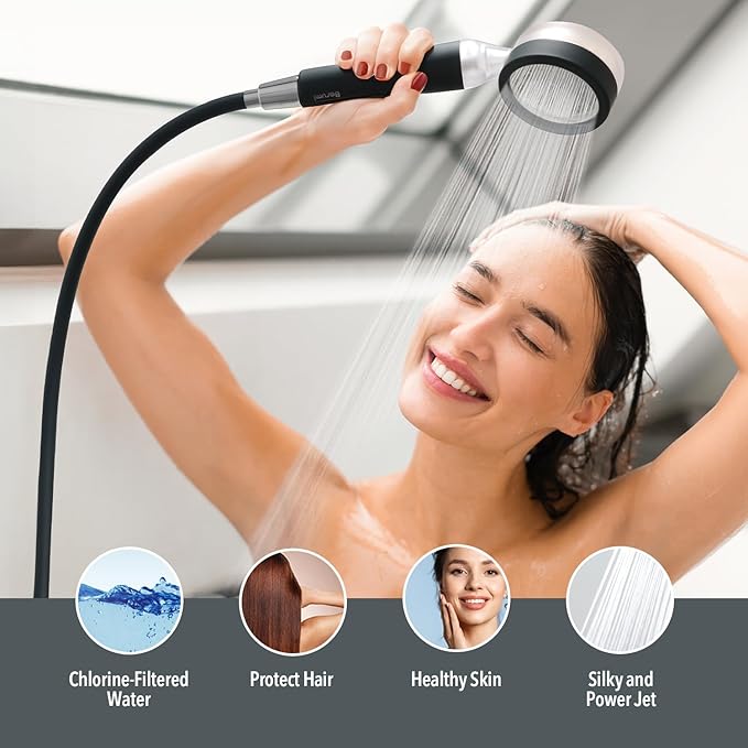 Barumi Pluo Handheld Filtered Shower Head - Black Finish | Vitamin C Filter for Healthy Skin & Hair | High Pressure Soft Spray | Dual Filtration Removes Chlorine & Impurities | Gentle Shower for Pets