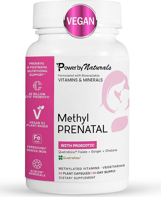 Power By Naturals Methyl Prenatal with Probiotics, Methylated Prenatal Vitamins for Women with Iron, B12, Choline, Ginger and 27+ Essential Nutrients, 60 Capsules