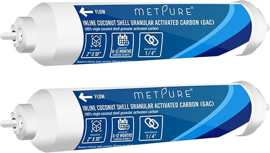 In line Water Filter 2" x 10" Coconut Shell Post Activated Carbon Water Filter Replacement 1/4" Quick Connects for Inline Reverse Osmosis RO Water Filtration, Refrigerator, Ice Maker [2 Pack]