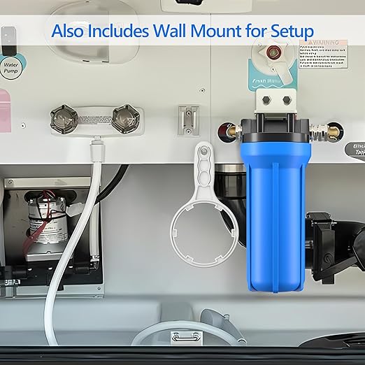 4-Layer RV Water Filter with Stand and 7,000 Gallons Capacity, 3/4" GHT Metal Threads Inline Water Filter, Removes Sediments, Chlorine, VOCs, Heavy Metals, Bad Taste, Odor, and More