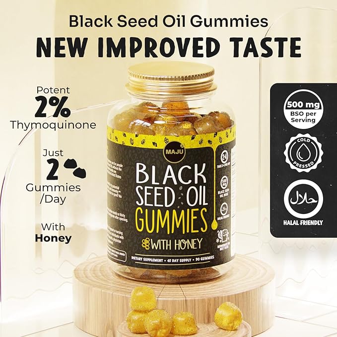 MAJU's Black Seed Oil Gummies with Honey 90ct, 500mg BSO Gummy, Black Cumin Seed Nigella Sativa Oil, Cold-Pressed, Potent Formula, 90ct (2-Pack)