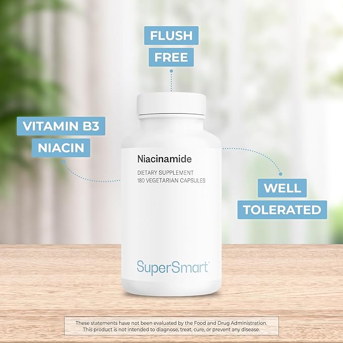 Supersmart - Niacinamide Supplement 2000mg per Day (Nicotinamide) - Flush Free Vitamin B3 Niacin | Non-GMO & Gluten Free - 180 Vegetarian Capsules