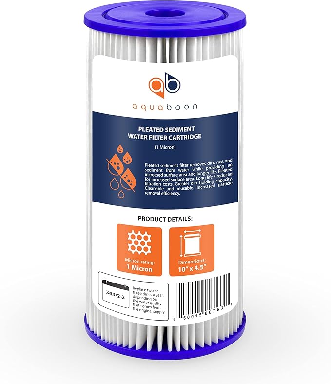 Aquaboon 1 Micron Pleated Water Filter 10 x 4.5 for Whole House Sediment Water Filter Replacement Compatible with Well Filters FXHSC, R50-BBSA (2-PACK)