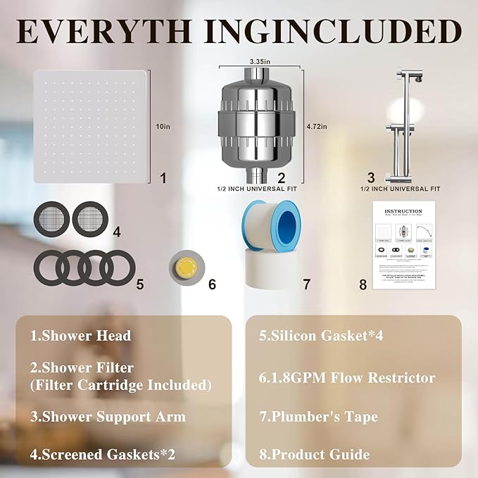 Filtered Shower Head with Adjustable Extension Arm, Rain High Pressure Showerhead with 20-Stage Shower Filter for Removing Chlorine and Harmful Substances (10 Inch, Chrome Finish)