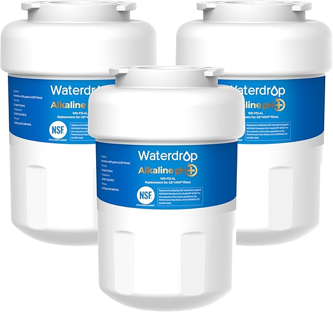 Waterdrop 𝐀𝐥𝐤𝐚𝐥𝐢𝐧𝐞 WD-F13 Replacement for GE® MWF®, SmartWater® MWFP, MWFINT, MWFA, GWF, HDX FMG-1, GSE25GSHECSS, WFC1201, RWF1060, 𝐄𝐧𝐡𝐚𝐧𝐜𝐞𝐬 𝐩𝐇 Refrigerator Water Filter