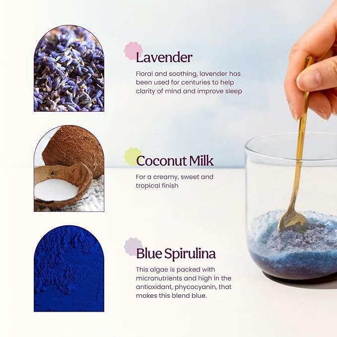 Blume Superfoods Latte - Blue Lavender Powder with Blue Spirulina and Coconut Milk, Caffeine Free, Low-Sugar, Organic, Keto Friendly, Vegan, supports sleep and calmness, Lavender Latte- 25 Servings