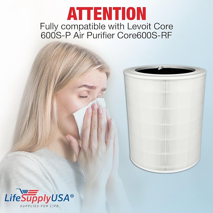 Core 600S Replacement Filter True HEPA H13 Compatible with Core 600S Air Purifier & 600S-RF 3-in-1 Activated Carbon Filter by LifeSupplyUSA (2-Pack)