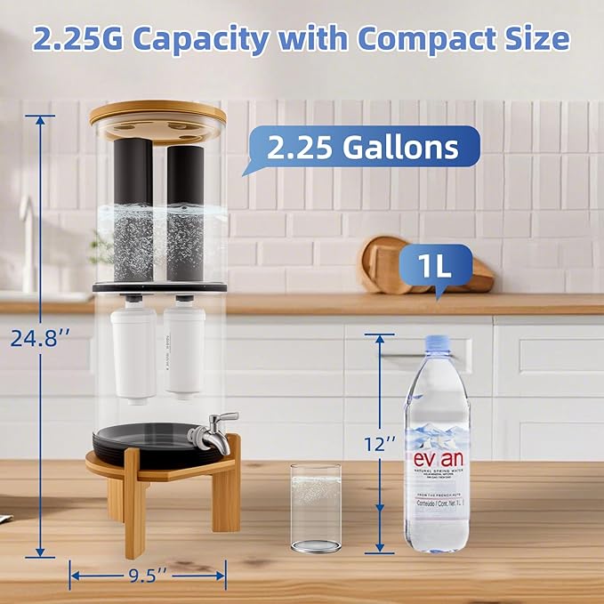 Gravity-Fed Water Filter System, Glass water filter, Glass Countertop Water Filtration Dispenser, with Wooden Stand and 2 Filters, 2.25 Gallon，for Home and Office