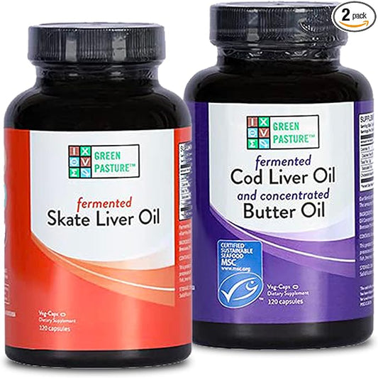 Green Pasture Bundle 120 Capsules Per Bottle - Fermented Cod Liver Oil with Butter Oil and Fermented Skate Liver Oil - With Vitamin A and D, EPA, DHA, Omega Fatty Acids - Non-Gelatin Fish Oil Capsules