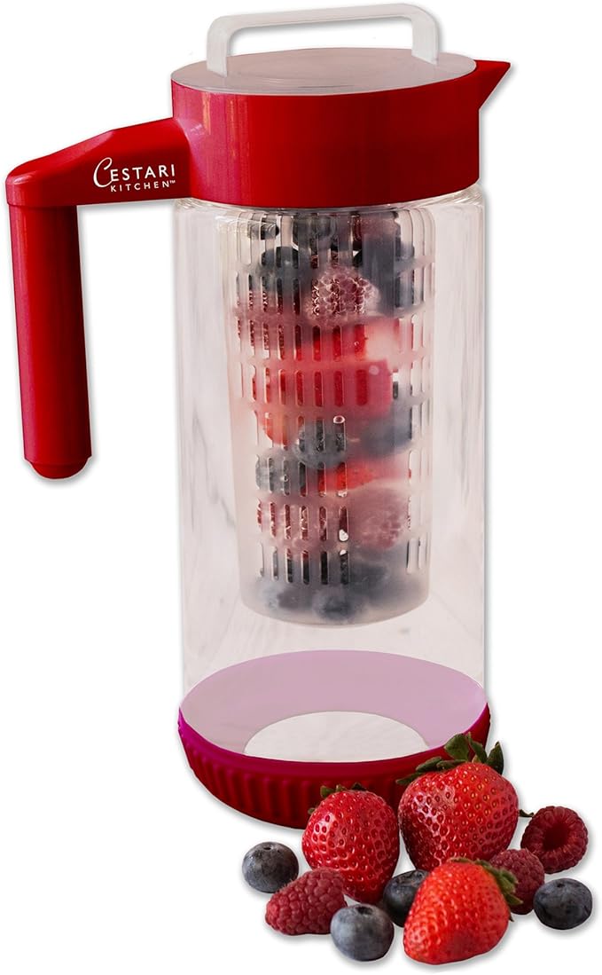 Glass Water Infusion Pitcher | BPA Free Fruit Infuser | Premium Borosilcate Glass for Hot and Cold Liquids | Infuse Iced Tea, Coffee, Water, Juice, Vodka, Tequila - Cestari Infuser, Red 44 ounces