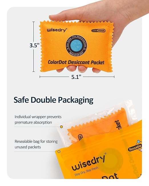 wisedry 100g Rechargeable Color-Indicating Desiccant Packs for Storage, Reusable Silica Gel Desiccant Packets, Moisture Absorbing Packs for Storage Bins, Safes, 3D Filaments, Closet, Electronics