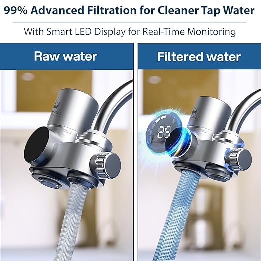 AQUSOFT Faucet Mount Water Filter - LED Sink Water Filter | 99% Filtration New 2.0 Filter Element| Removes Impurities | Tap Water Purifier Fits Standard Faucets - Includes 1 Filter