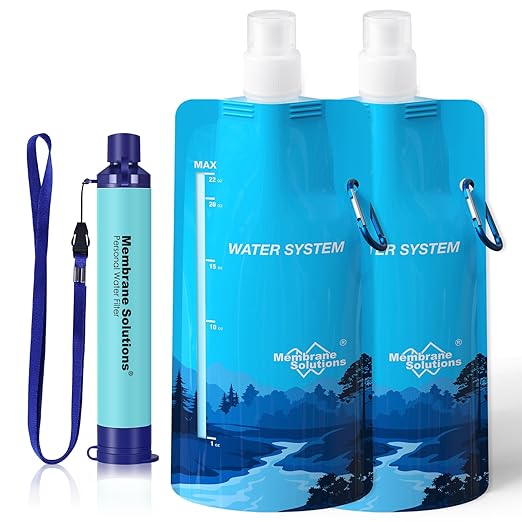 Membrane Solutions Squeezable Water Filtration System, Survival Water Purifier Kit, Portable Backpacking Gear Including Water Filter Straw and 23oz Collapsible Bottle for Hiking Camping Travel(1+2)
