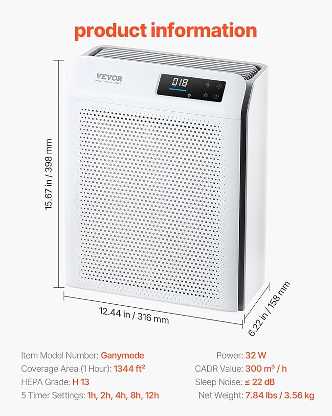 VEVOR Air Purifier for Bedroom Home, H13 HEPA Layer, 1344 ft²/h Smart Air Purifier with Speed Control & Child Lock Guard, Efficient Air Cleaner with Convenient Touch Panel & 22 dB Sleep Mode
