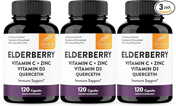 Sandhu's Elderberry Vitamin C Vitamin D3 with Zinc & Quercetin | Capsules for Men & Women | Supports Immune Health | 120 Count (Pack of 3)