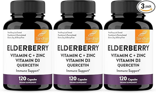 Sandhu's Elderberry Vitamin C Vitamin D3 with Zinc & Quercetin | Capsules for Men & Women | Supports Immune Health | 120 Count (Pack of 3)