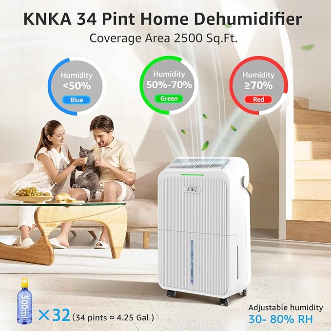 2500 Sq.Ft Dehumidifiers for Home with Drain Hose Max 34 Pints, Dehumidifier for Basement, Bedroom, Bathroom, Large Room, Three Modes, Intelligent Humidity Control, Dry Clothes, 24HR Timer