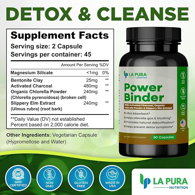 LaPura Power Binder Blend – Detox & Cleanse with Activated Charcoal, Organic Chlorella Powder & Slippery Elm Extract – Helps Alleviate Gas & Bloating – Promotes Natural Detoxification - 90 Capsules