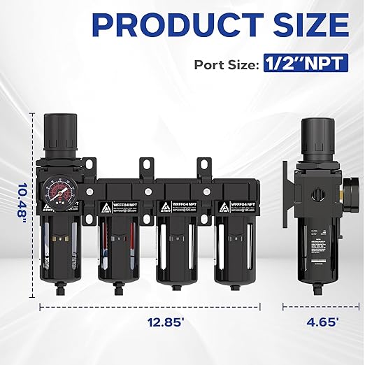 1/2 Inch NPT 4 Stage Air Drying System,Brass Filter&Coalescing Filter,Double Desiccant Dryers & Air Regulator,Metal Bowl, Semi-Auto Drain,Industrial Grade(Black)