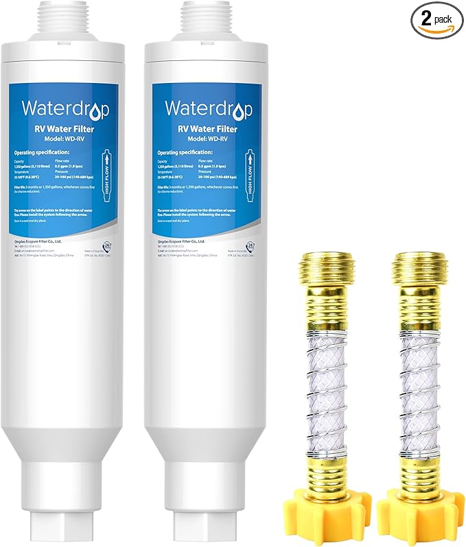 Waterdrop RV Water Filter, NSF Certified, Reduces Chlorine, Bad Taste, Odor, 2 Pack, Flexible Hose Protector