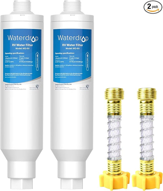 Waterdrop RV Water Filter, NSF Certified, Reduces Chlorine, Bad Taste, Odor, 2 Pack, Flexible Hose Protector