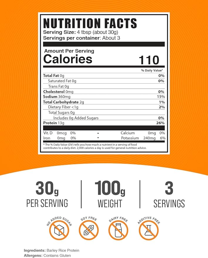 BulkSupplements.com Barley Rice Protein Powder - Vegan Protein Powder, Sports Nutrition - Unflavored & Dairy Free, 30g per Serving, 100g (3.5 oz) (Pack of 1)