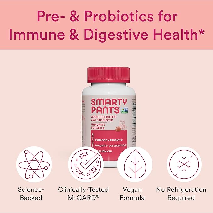SmartyPants Adult Probiotic & Prebiotic Gummies for Digestive Health: Gut Health Supplement, Clinically Studied Prebiotic for Immune Support, Strawberry, 60 Count (30 Day Supply)