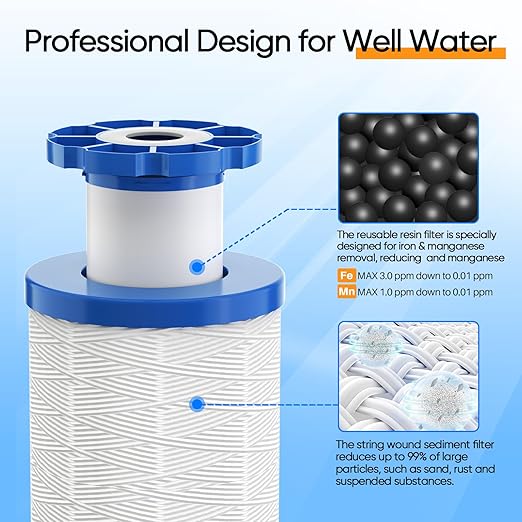 PUREPLUS 1-Stage Whole House Water Filter, with Iron Manganese Reducing Water Filter, for Well Water, 10"x4.5" Universal Housing