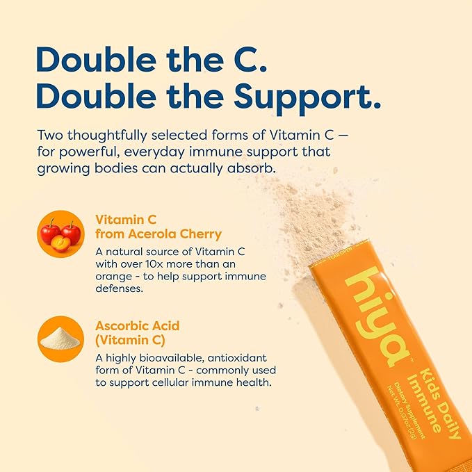 HIYA Kids Immune Support – Vitamin C, Elderberry & Beta Glucans for Ages 2+, Delicious Orange Flavor, 0g Sugar – 20 Stick Packs for Toddlers & Kids